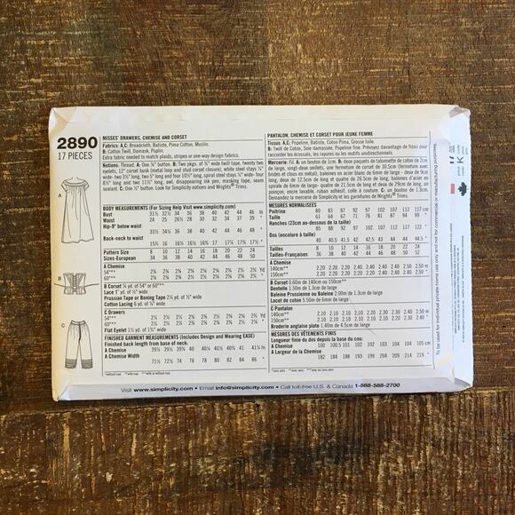 Simplicity Sewing Pattern 2890 Victorian Civil War Chemise Corset 8-14 UNCUT - Picture 2 of 2